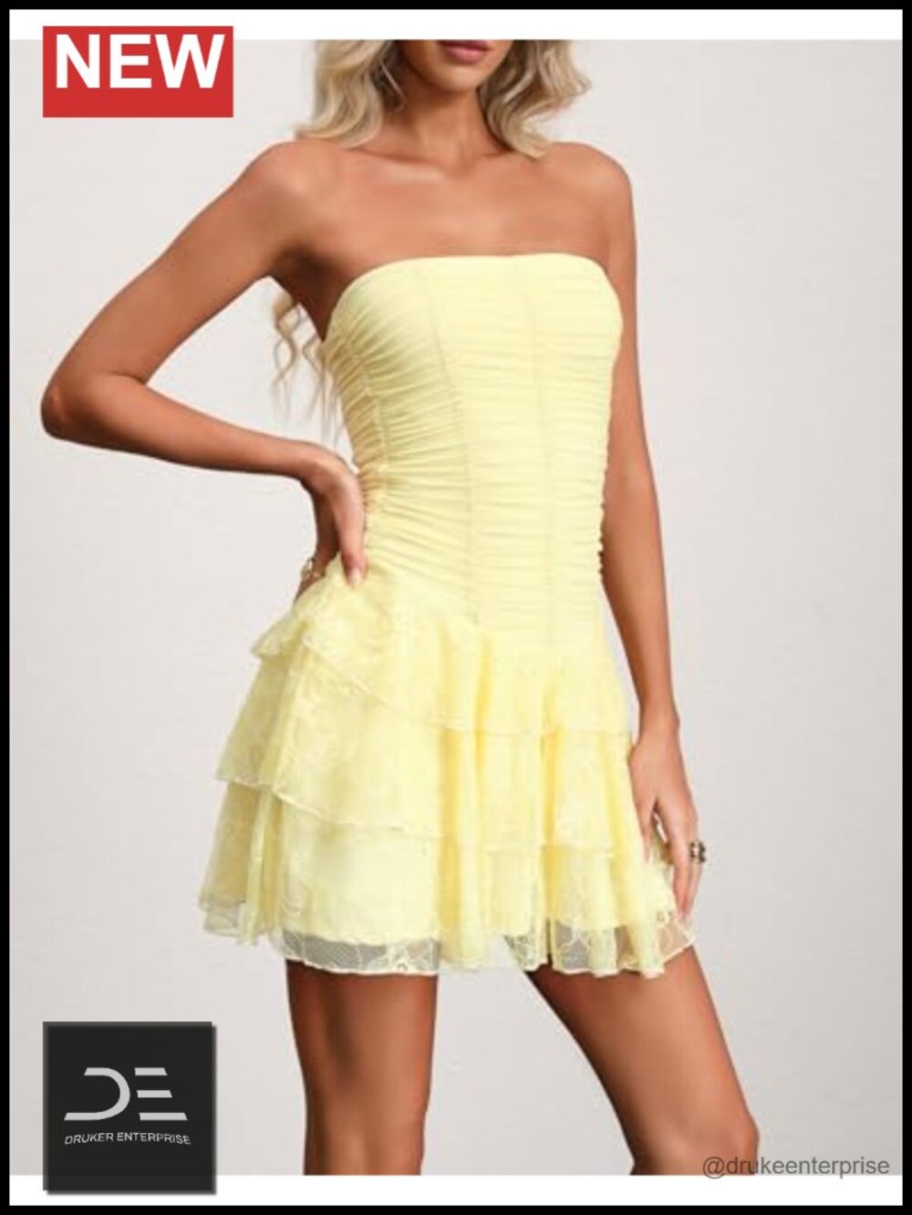 Women's Strapless Mesh Ruffle Layer Ruched Basque Waist Mini Dress - Picture 2 of 6